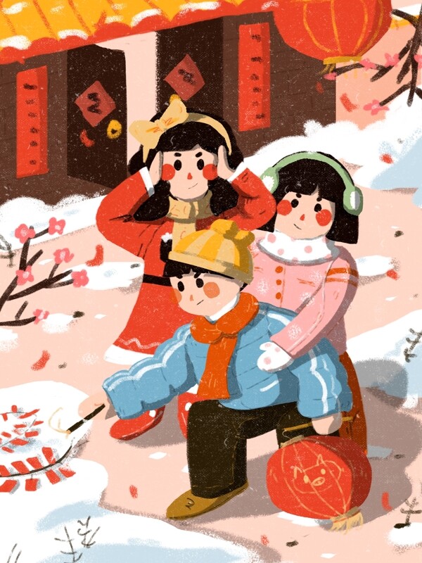 春节过年新年放鞭炮卡通插画