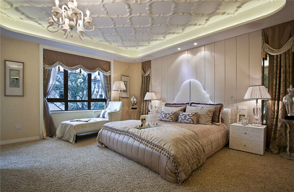 现代时尚卧室白色凸起天花板室内装修效果图
