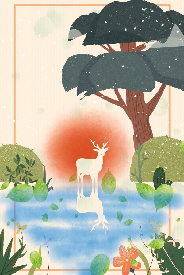 清新小鹿手绘插画简约边框背景