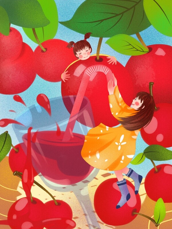 创意水果樱桃女孩和飞溅的樱桃汁清新插画
