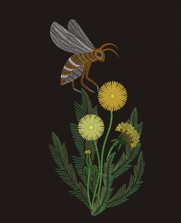 植物花卉蜜蜂刺绣矢量图下载