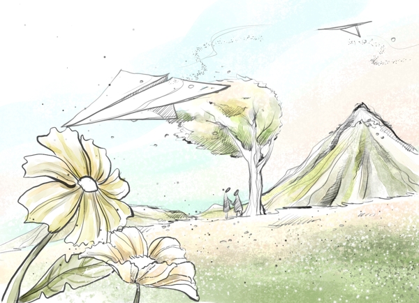 HanMaker韩国设计素材库背景淡彩色调意境绘画风格纸飞机花草地