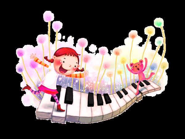 梦幻卡通女孩脚踏琴键png元素