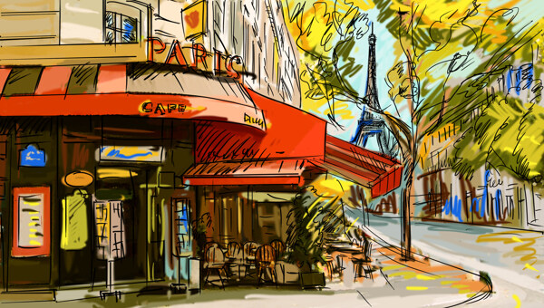巴黎街道风景手绘插画图片