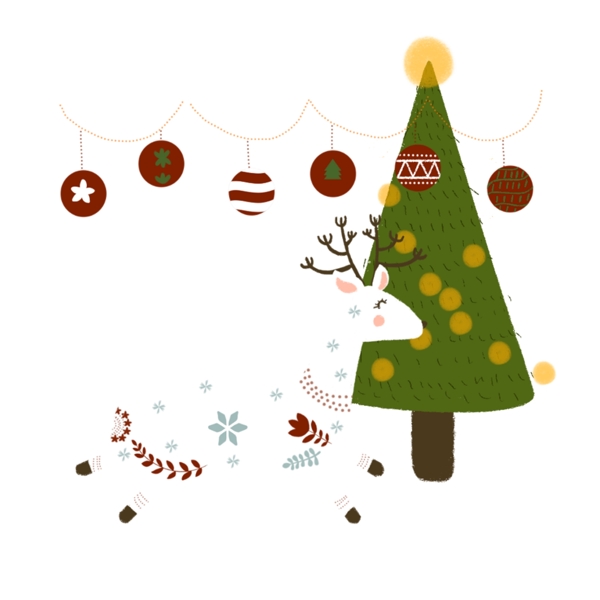 白色可爱的圣诞鹿和圣诞树