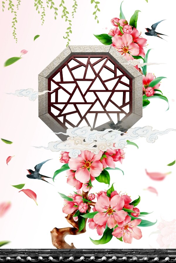 春季中国风植物花朵销宣传海报