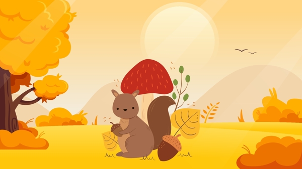 秋分树林里寻找食物的松鼠矢量插画