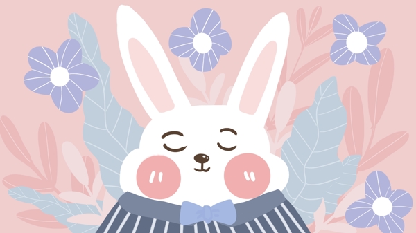 萌宠系列小白兔鲜花卡通动物形象扁平风插画