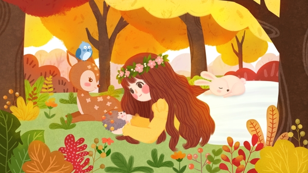 唯美治愈秋日森林里的公主手绘插画