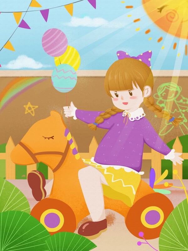 儿童节紫色衣服可爱女孩座木马快乐