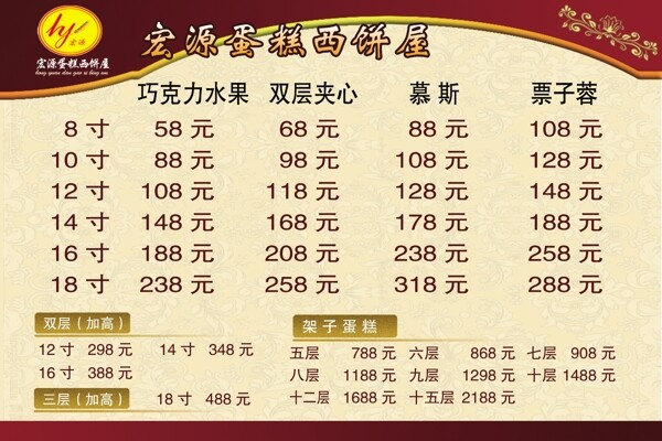 蛋糕店價(jià)目表