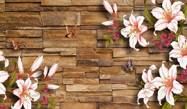 现代砖墙立体花卉壁画电视背景墙