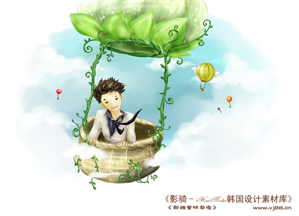 HanMaker韩国设计素材库背景卡通漫画人物精美气球天空