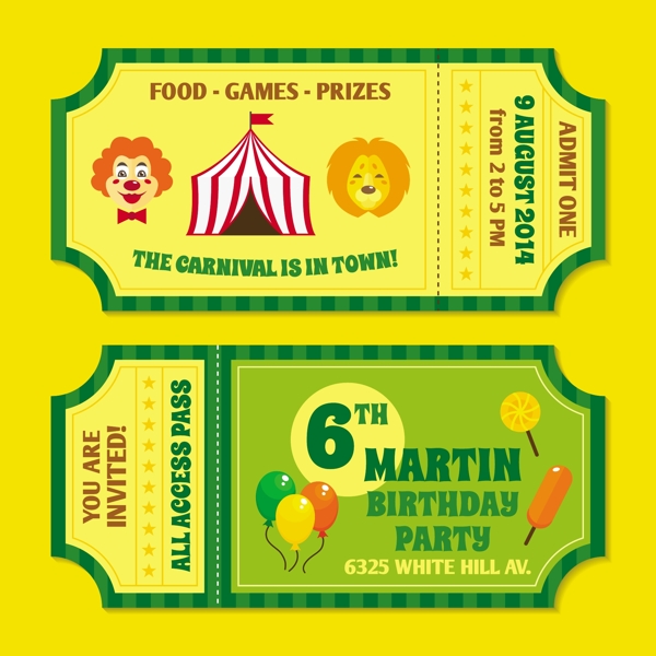 两个旧货马戏团嘉年华生日派对邀请函模板与小丑和气球隔离矢量插图