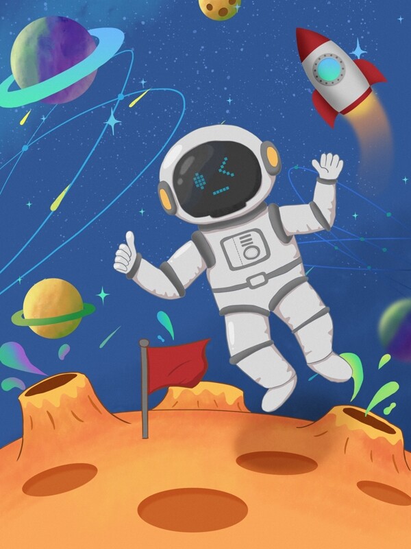 宇航员航天日手绘插画海报
