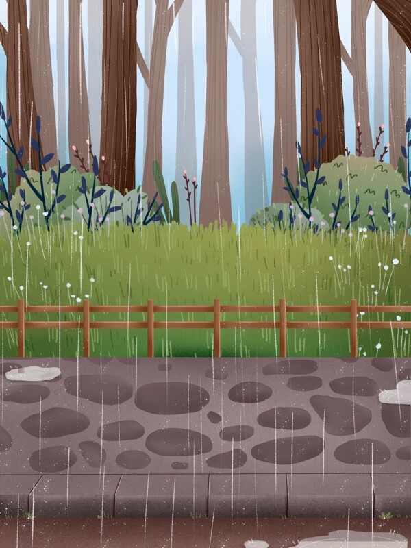 小雨节气树林插画背景