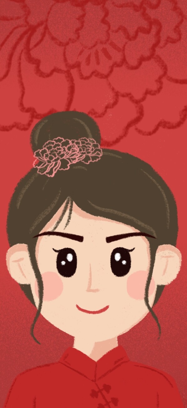 复古传统中国红牡丹旗袍女人插画