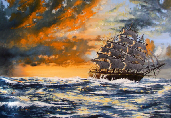 大海上的帆船油画图片
