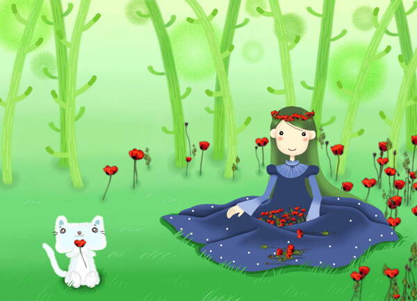 頭戴小花的坐在樹林的女孩