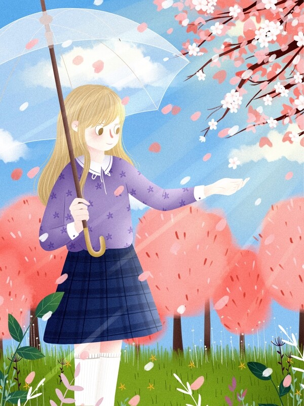 春天樱花盛开的季节赏樱花唯美树下插画