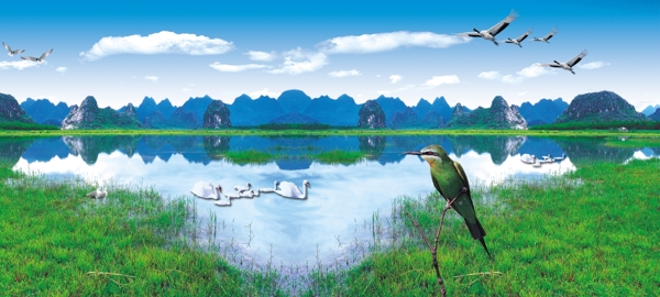 高清晰宽屏山水鸟语风景画图片