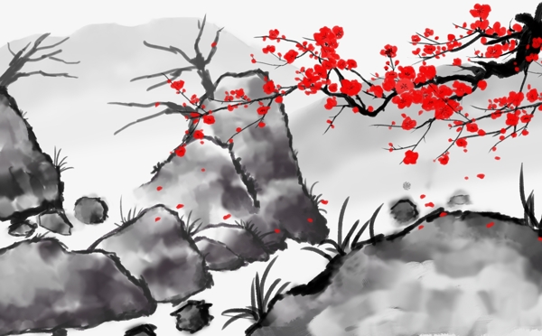 梅花红色冬天石头山飘零国画中国风壁纸