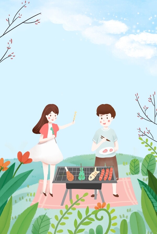 小清新简约五一假期出游烧烤野餐海报背景