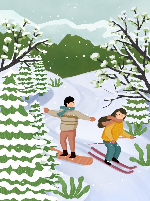 小清新手绘冬季情侣滑雪