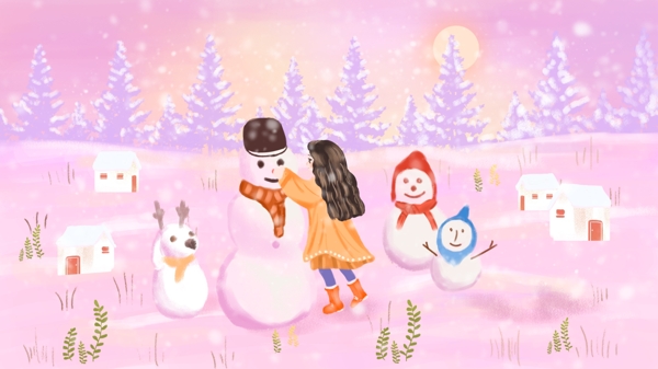 你好冬天唯美雪景小女孩堆雪人手绘插画