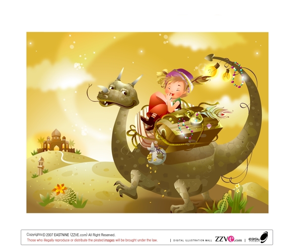恐龙背上的小女孩韩国Zzve矢量图