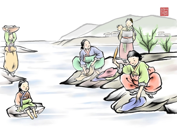 HanMaker韓國(guó)設(shè)計(jì)素材庫(kù)背景水墨繪畫洗衣服湖畔婦女
