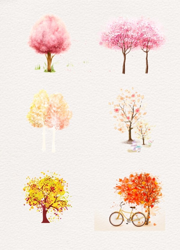 红色调水彩绘画树木