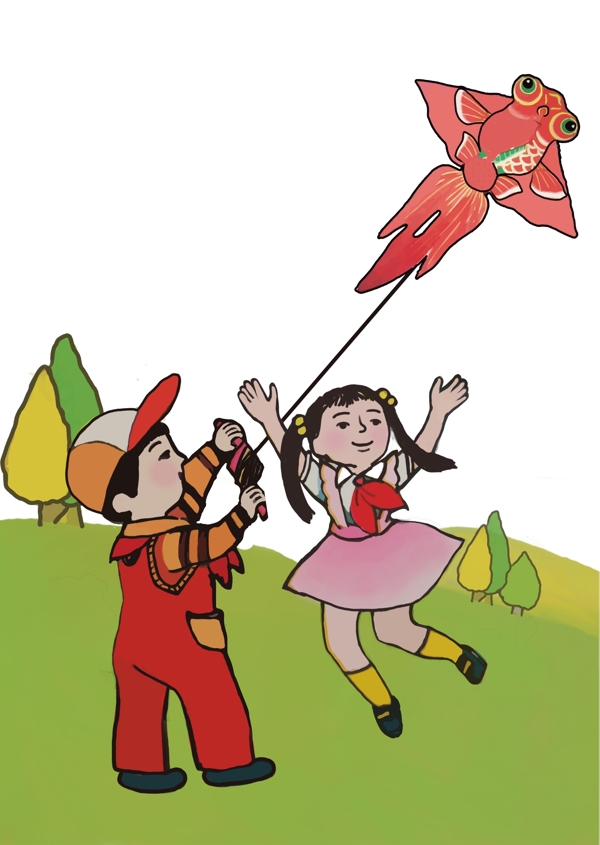 劳动节春天手绘放风筝郊游春游踏青孩子卡通形象