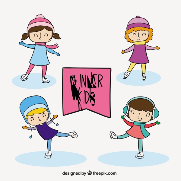 一群快乐的孩子穿着冬天的衣服溜冰