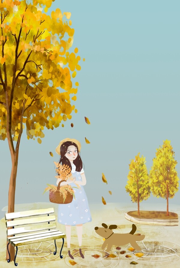 秋天女孩和狗在郊外公园背景海报