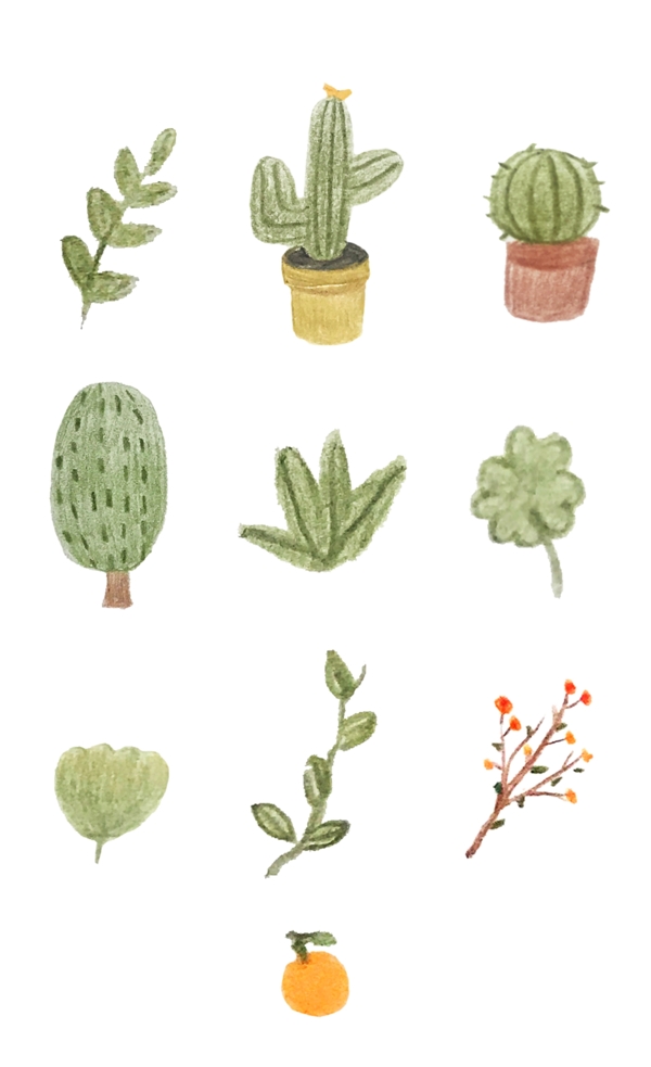 绿色小清新手绘插画植物元素