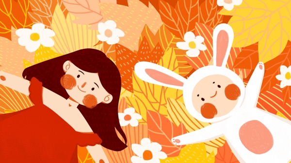 秋天你好少女兔子可爱简约扁平原创插画
