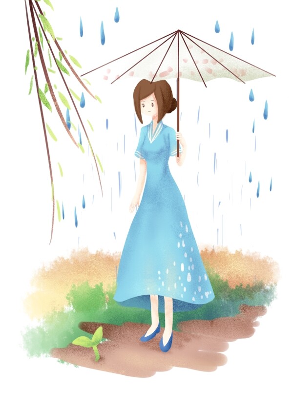 谷雨节气油伞插画