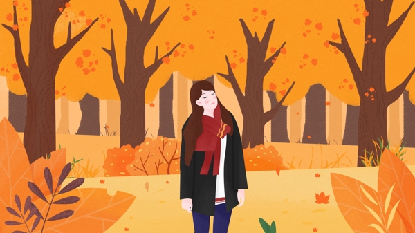 秋天风景戴围巾的女孩欣赏落叶插画