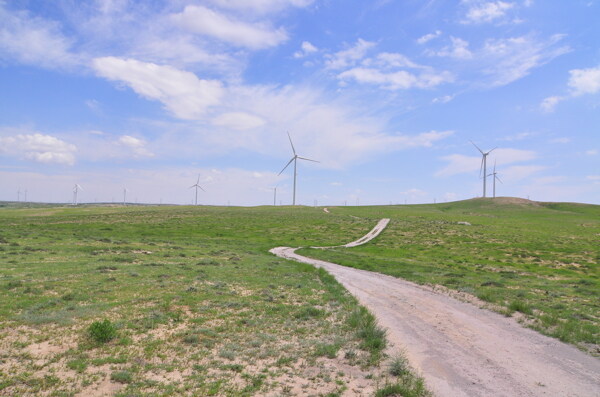 蓝天下的风力发电机图片