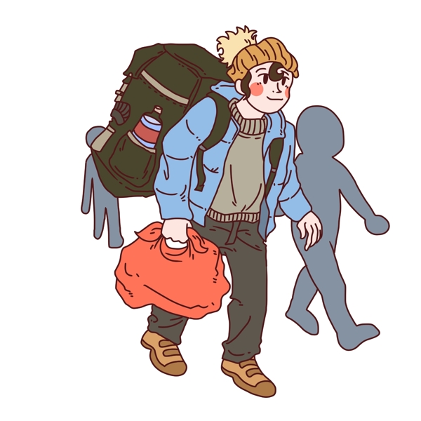 手绘背着行李的人物插画