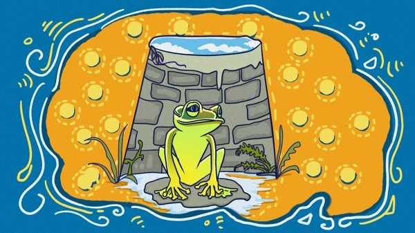 原创插画成语故事井底之蛙手绘描边