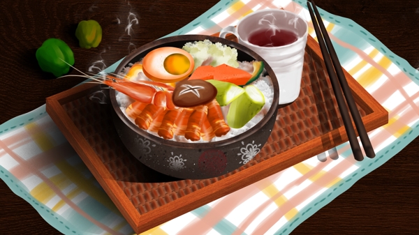 托盘美味咖啡碗筷鸡蛋虾香菇萝卜红烧肉盖饭