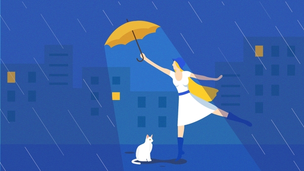 女孩雨天给猫咪撑伞