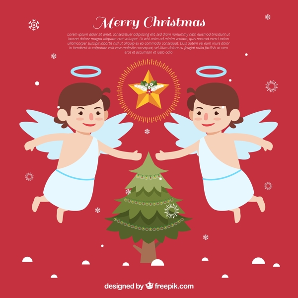 2个白色圣诞天使和圣诞树贺卡矢量素材