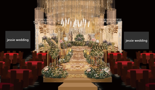 香槟色金色欧式婚礼主舞台效果图