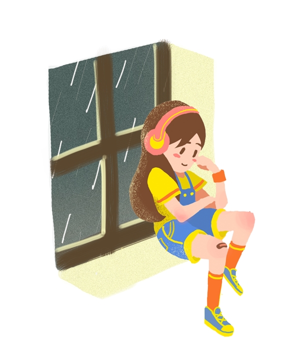 卡通手绘唯美复古女孩阴雨天靠窗认真安静听歌PNG
