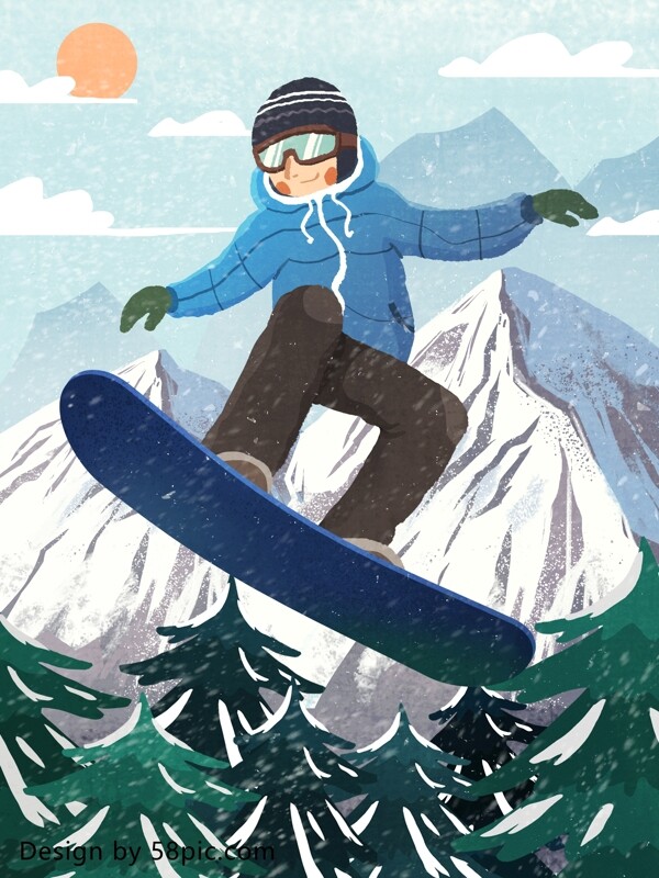 少年山中滑板滑雪肌理写实原创手绘插画