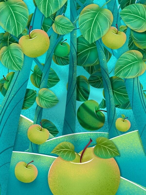 蓝色手绘清新苹果树插画背景