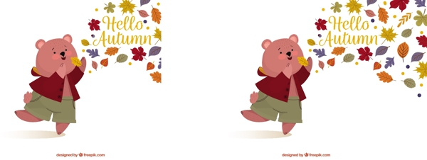 秋天的背景和可爱的熊